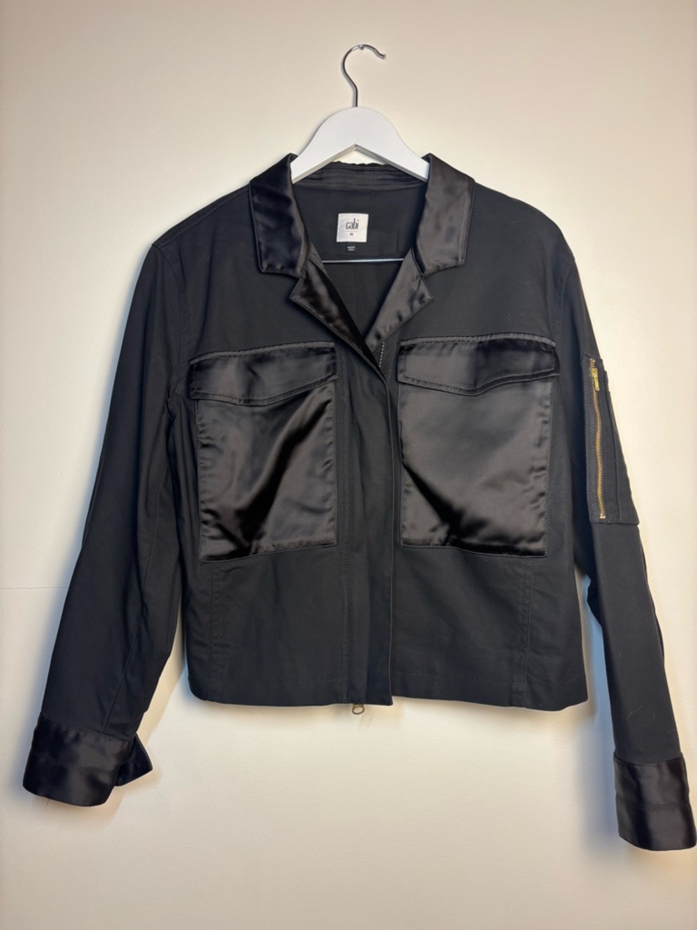 CAbi Back in Black Satin-Trim Moto Style Jacket, size Medium